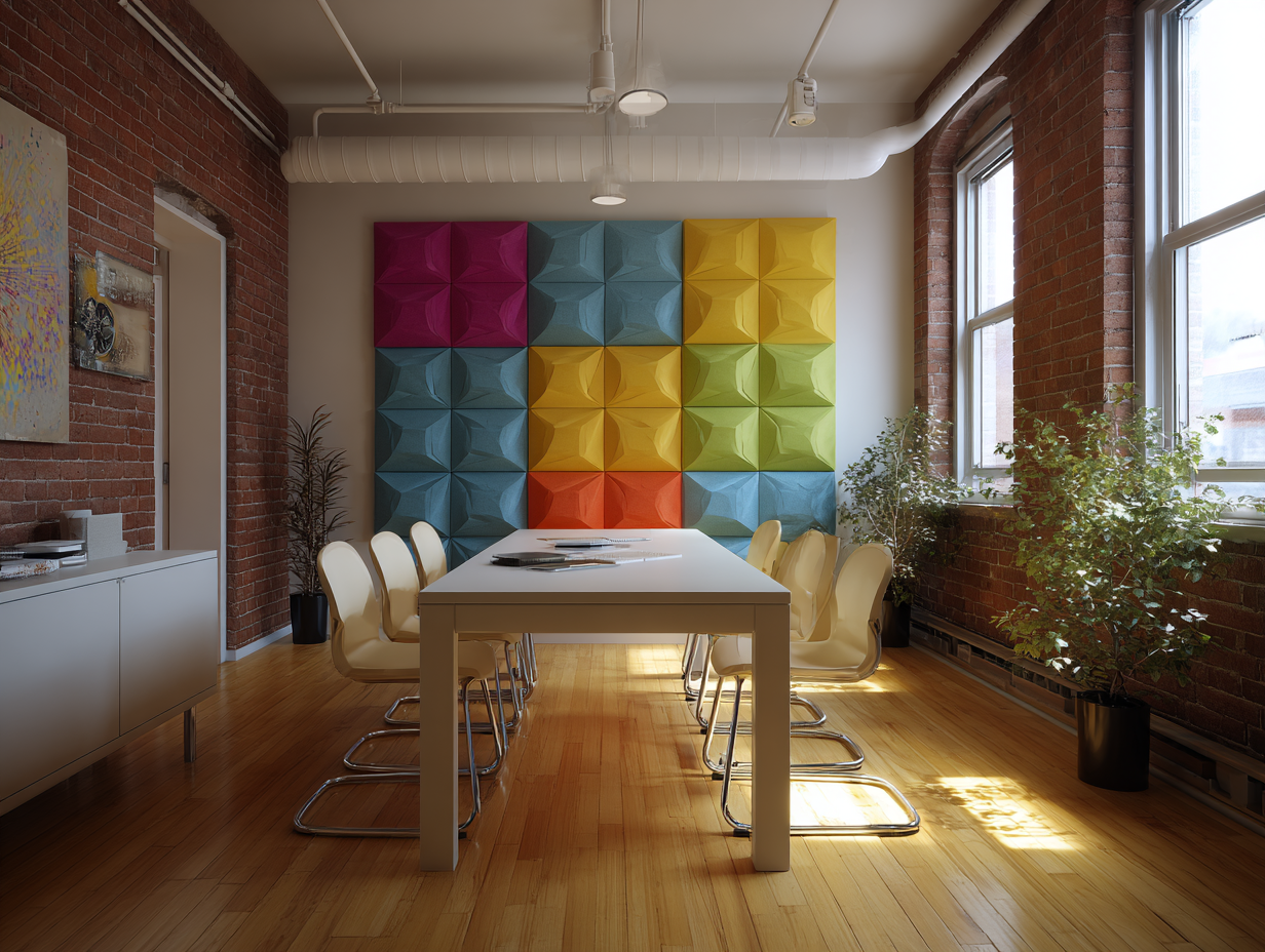 Conference room with colorful 3D acoustic wall panels for enhanced sound absorption.